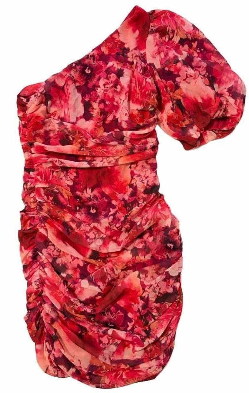 Showpo Floral One Shoulder Mini Dress US 4 Pink Red Ruched Puff Sleeve Cocktail